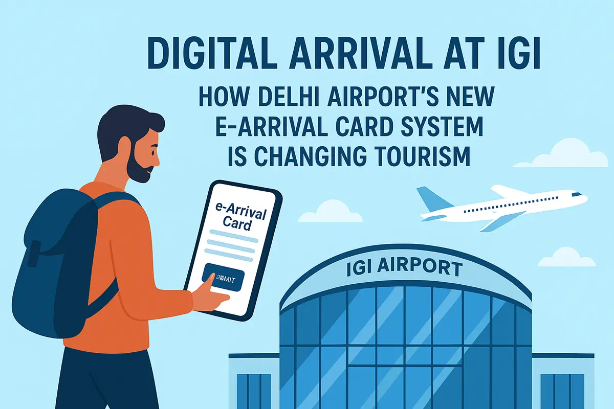 Illustration of a traveler using a digital e-Arrival Card on a smartphone at Delhi’s Indira Gandhi International Airport, with an airplane flying above.