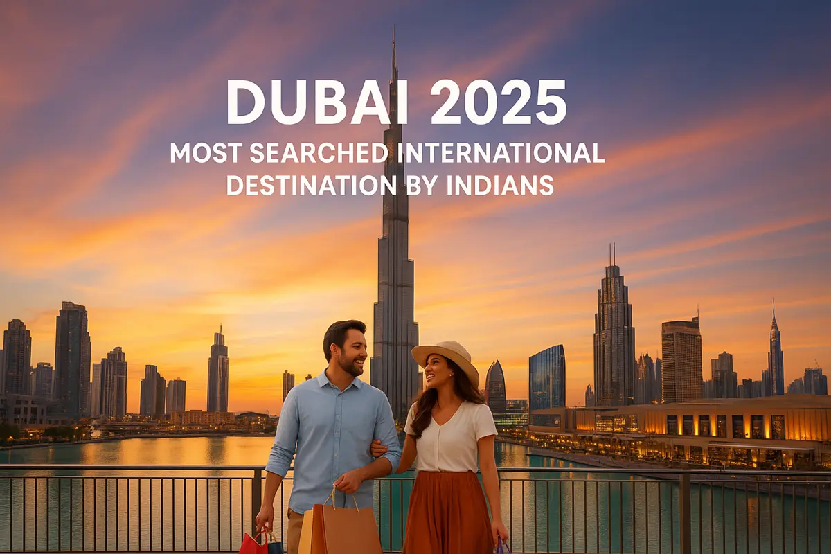 Dubai skyline at sunset with Burj Khalifa and a couple shopping, symbolizing why Dubai is the top travel destination for Indians in 2025.