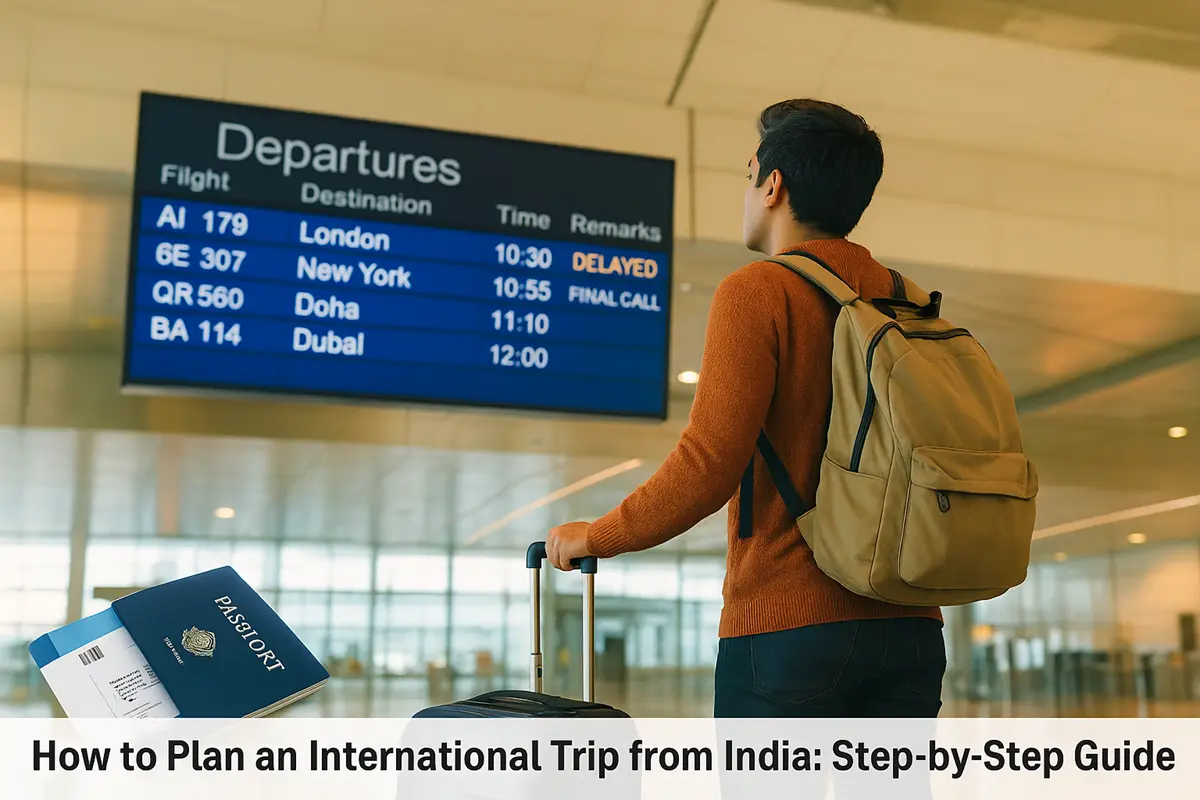 Indian traveler with suitcase checking flight information board at airport before international trip
