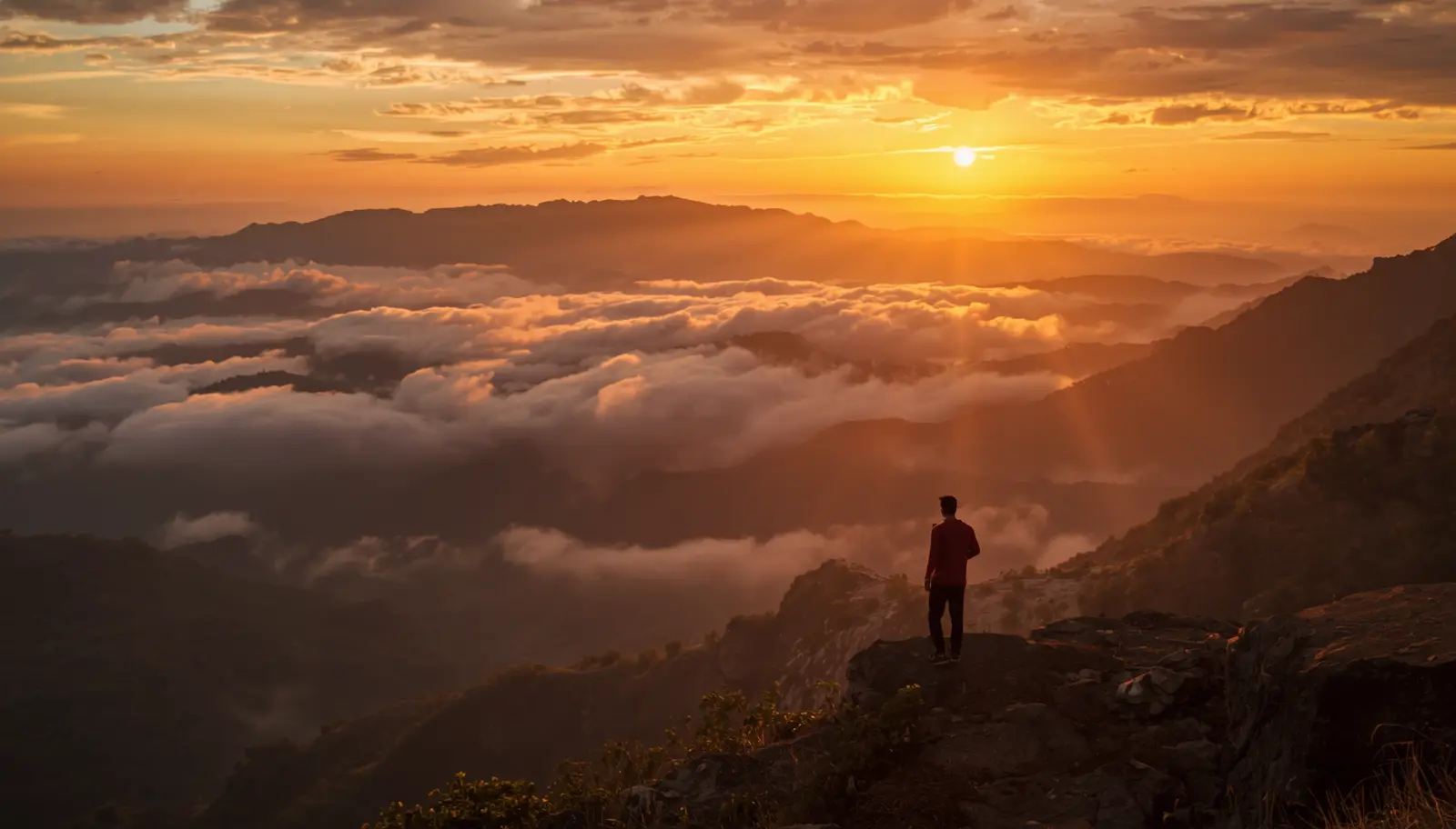 Traveler watching sunrise over mountains in India